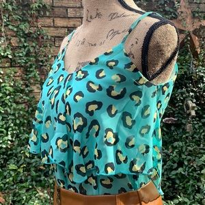 Cute V back Turquoise & Cheetah Print top, Small